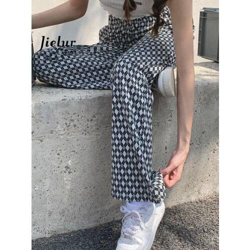 Jielur 2021 Plaid Wide-leg Hip Hop Pants Women Elastic High Waist Black Womens Trousers Summer Thin Leisure Long Pants Female