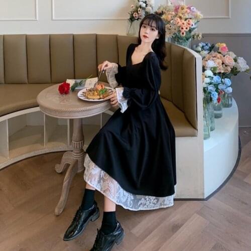 Plus Size Lace Long Sleeve Dress Spring 2021 Fairy Dresses Clothes Blouses Women Clothing Harajuku Korean Fashion Vestidos Loose