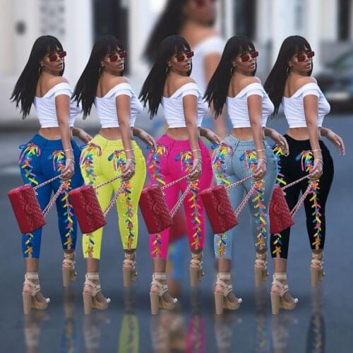 Fashion Women Jeans Pants Ripped Bandage Long Pants Skiiiny High Street Summer Clothes For Women Outfit