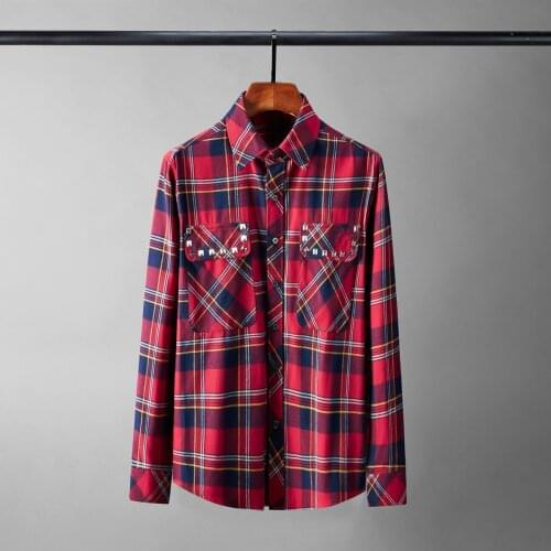Minglu 100% Cotton Male Shirts High Quality Long Sleeve Flannel Mens Dress Shirts Fashion Rivet Plaid Slim Fit Party Man Shirts