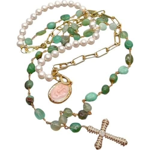 YYGEM natural Chrysoprase Freeform White Round Freshwater Pearl Pink Queen Conch Cross Charm statement Necklace 22"