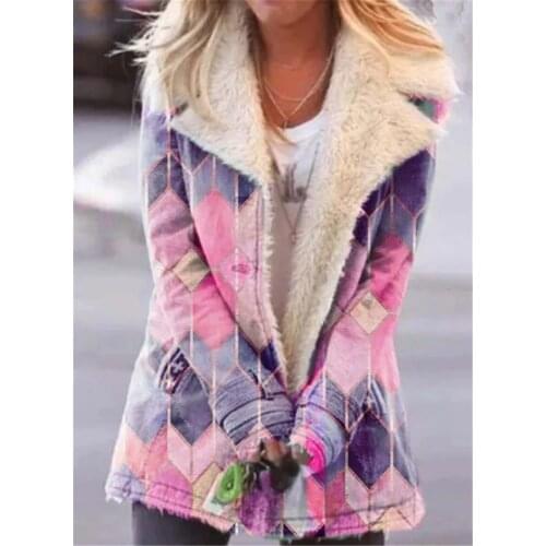 2021 new product lapel printed single-breasted long-sleeved plush plush jacket womens cotton-padded jacket