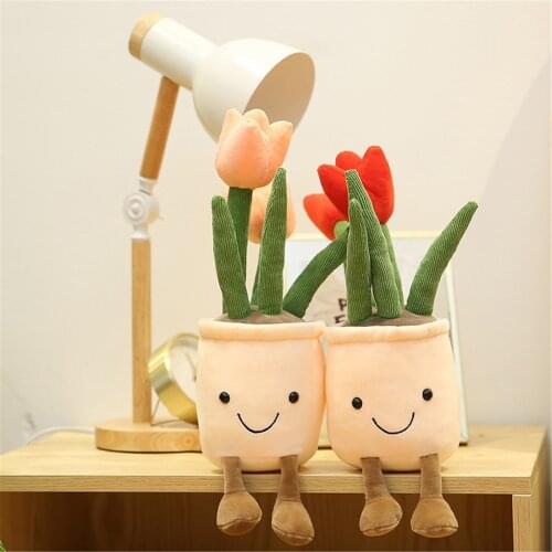 35cm Lifelike Tulip Succulent Plants Plush Stuffed Decoration Toy Soft Bookshelf Decor Doll Potted Flowers Pillow for Girls Gift