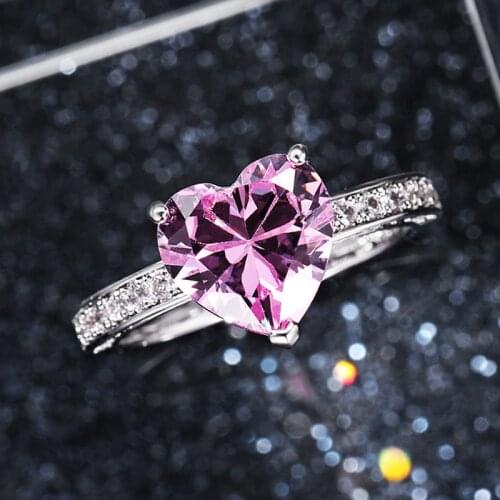 Luxury Solitaire Women Wedding Ring Silver Color AAA Heart-shaped Pink Cubic Zirconia Crystal Rings for Girl Fine Gift