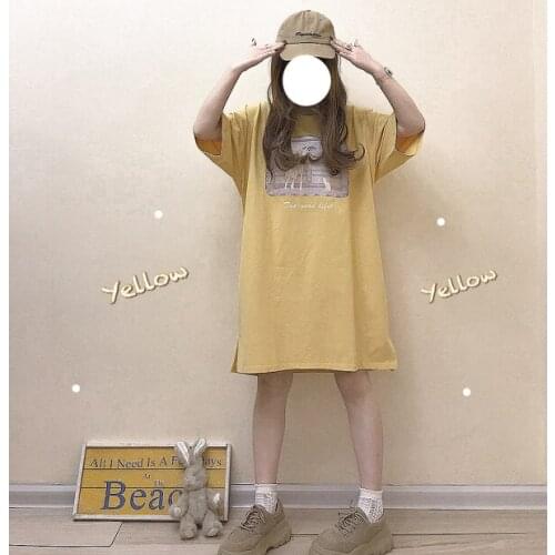 Mango Flavor Womens Summer O-neck Long T-shirt Dress Comfortable Cotton Short Sleeve Dress Yellow & White