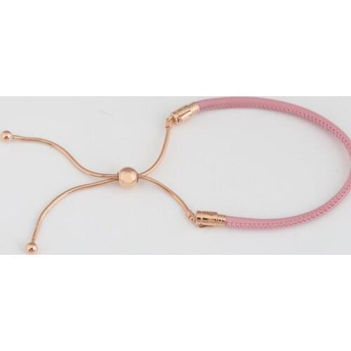 S925 Rose & Pink Leather Sliding Bracelet for Women Girl Lady Gift