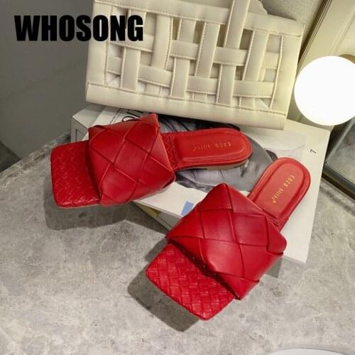 Summer Women Slippers Girls Weave Slides Woman Soft Square Toe Flats Ladies Outside Flip Flop Shoes Female White Brand Slides
