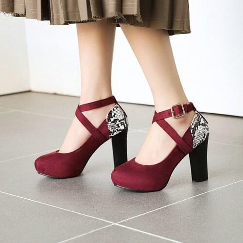 Party OL style comfortable round head flock pumps fashion serpentine color matching belt buckle high with chunky womens shoes
