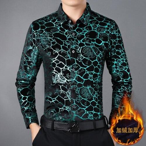 Winter Male Floral Velvet Clothes Long Sleeve Warm Gold Velvet Shirts Man Fashion Velour Thicken Dress Shirts