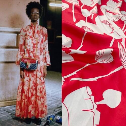 Spring and summer 2021 new red flower satin digital print skirt dress handmade diy shirt fashion high custom fabric