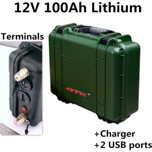 Waterproof 12V 100Ah lithium li ion battery pack for solar energy system motorhome RV autocaravans golft cart marine+10A charger