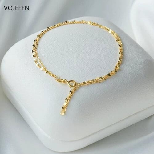 VOJEFEN AU750 Real Golden Bracelet 18K Gold Double Layer Tiny Link And Lips Chain Wrist Fine Jewelry for Women Gift