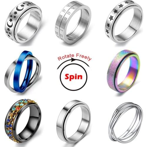 Rotate Freely Spinning Stainless Steel Anxiety Ring For Women Moon Star Chain Spinner Fidgets Ring Anti Stress Men 2021 Rotating