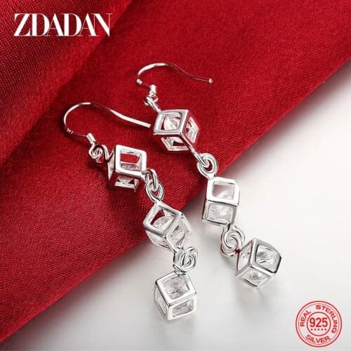 ZDADAN 925 Sterling Silver Square Crystal Long Drop Earrings For Women Fashion Engagement Party Jewelry Gift