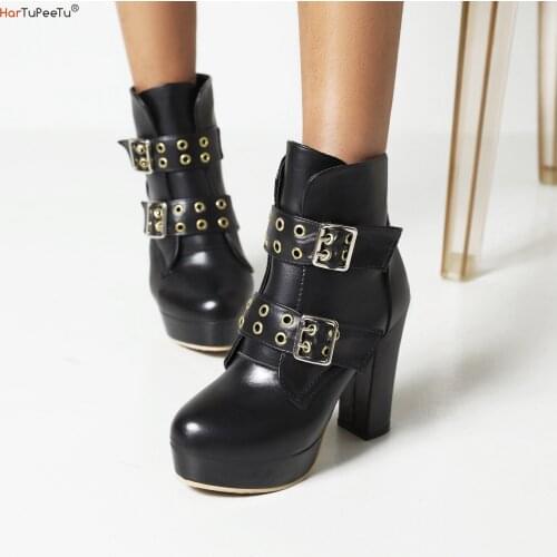 Punk Style PU Ankle Modern Boots Women Autumn Winter Short Plush Size 34~48 Platform Shoes Buckle Chunky High Heels Pumps