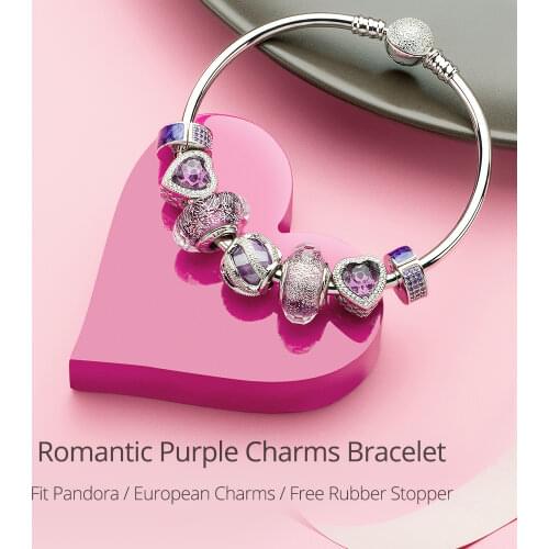 ATHENAIE 925 Sterling Silver Romantic Purple Charms Bracelets & Bangles with CZ Beads For Women Valentine' Jewelry Girl Gifts