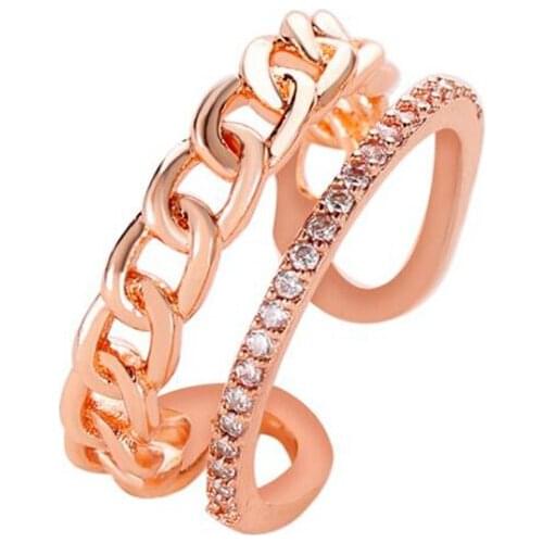 Trendy Double-layer Link Chain Finger Rings for Women Female Rhinestone Rose Gold/Silver Color Adjustable Open Ring Jewelry Gift