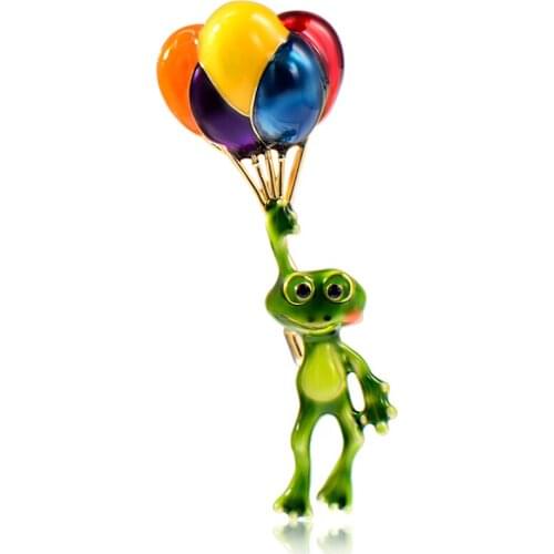 Madrry Enamel Animal Corsage Green Frog Lifting Hot Air Balloon Shape Brooches Jewelry for Women Suit Bag Hat Pins Accessories