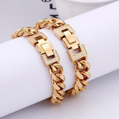 Europe and the United States Hip hop hip hop jewelry stainless steel Cuban chain micro-set white CZ mens bracelet