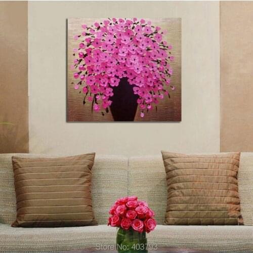 Knife painting pink vase flowers printed oil painting on canvas (No Frame)