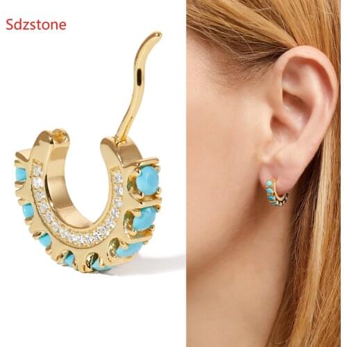 13mm Disc Round Earrings Turquoises Vermeil Gold Silver Color Hoop Earring Gold Filled Multi Piercing Blue Stone Small Hoop