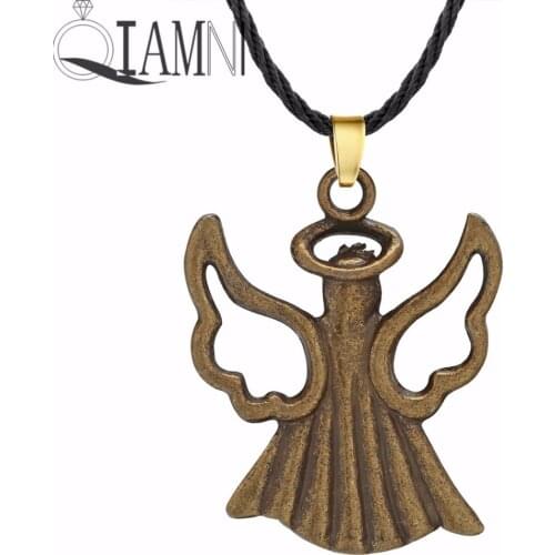 QIAMNI Antique Bronze Halo Angle Wings Pendant Necklace for Women Men Peace Religious Amulet Symbol Jewelry Birthday Gift Charm
