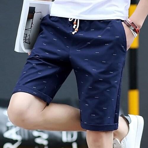 Summer Men Casual Solid Color Sport Short Pants Fishbone Print Drawstring Pockets Cotton Beach Shorts Fifth Pants