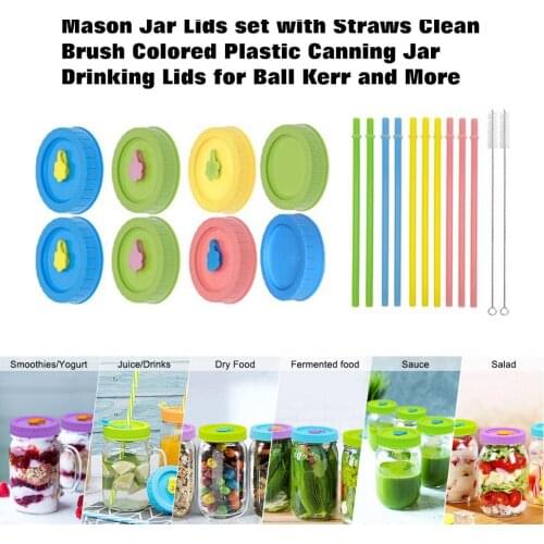 Mason Jar Lids set with Straws Clean Brush Colored Plastic Canning Jar Drinking Lids for Ball Kerr and More