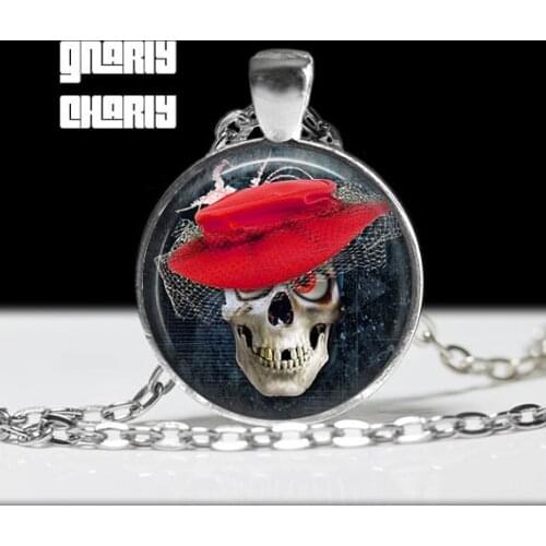 Steampunk Handmade Skull In Red Hat Necklace 1pcs/lot Bronze Or Steel Glass Pendant Jewelry Gift Men Chain Women Necklace New