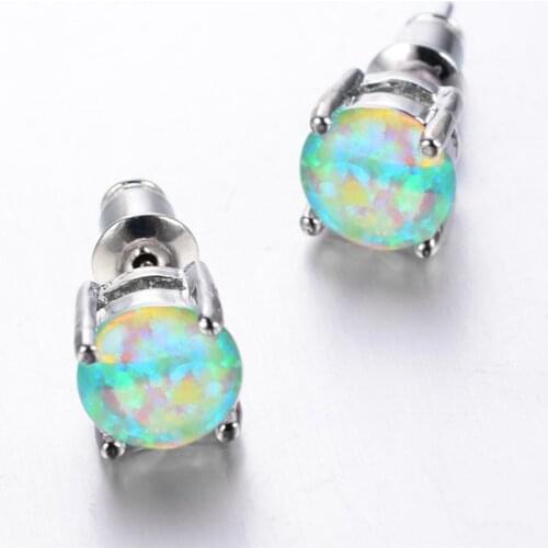6MM Round Stone Green Fire Opal Stud Earrings For Women Wedding Jewelry Vintage Fashion Rainbow Birthstone Silver Color Earrings