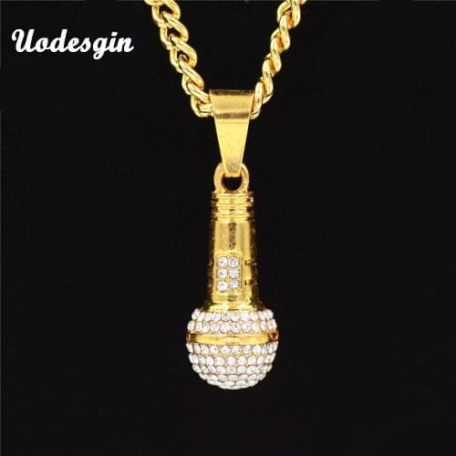 Uodesign Mens Ice Out Chain Necklace Microphone Pendant Men/Women Gold Color Rhinestone Best Friend Hip Hop Jewelry