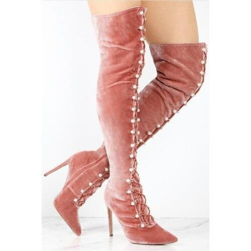 Spring Hot Pink Velvet Women Lace Up Over The Knee Boots Elegant Pearl Rom Ladies Sexy High Heel Boots Fashion Stretch Boots