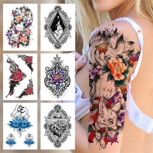 Clever Fox Flower Temporary Tattoos For Women Girls Adult Blue Lotus Geometry Tatoos Sticker Fake Water Transfer Tattoos Armband