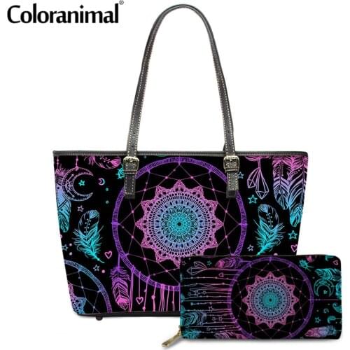 Coloranimal Women Handbags&Long Wallet Brand Design Dream Catcher Print Ladies Crossbody Bags Leather Shoulder Bags Beach Bags