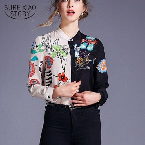 Women Blouses Panelled Floral Print Shirts Clothing Casual Stand Collar Cardigan Ladies Tops Long Sleeve Blusas Mujer 8187 50