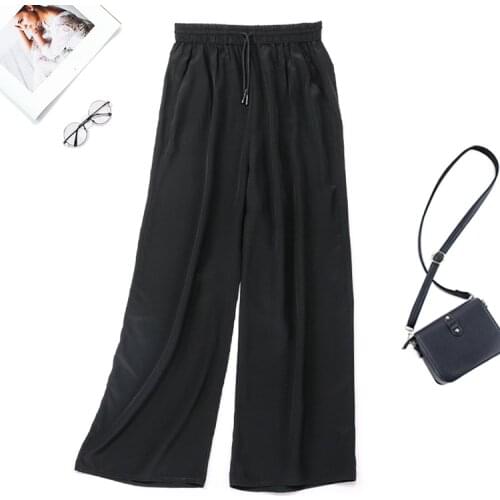 Womens 100% Pure Silk black Belted Waist Long Pants Trousers with pockets JN436