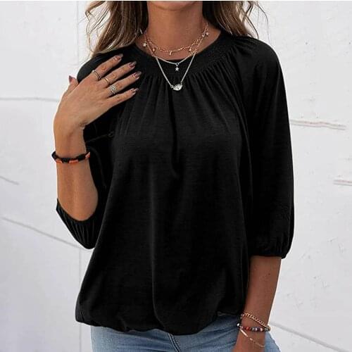 Pleated Womens T-shirts Fashion Solid Round Neck T Shirt Blouse 3/4 Sleeve Loose Tops Camisetas De Mujer T Shirt For Women