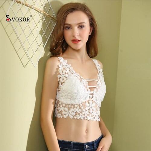 SVOKOR Lace Crop Top Women V-Neck Flowers Bra Hollow Backless Lingerie Wireless Breathable Underwear