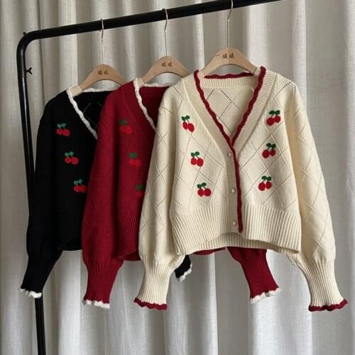 Cherry Embroidered Knit Sweater Cardigan Women Knitted Coat Single breast Puff sleeve Sweet Cardigan Autumn Loose Top