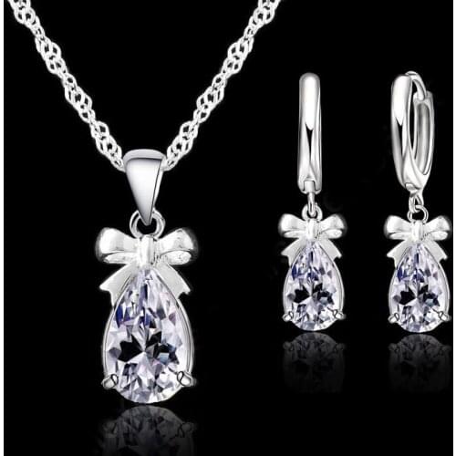 Elegance Real 925 Silver With White Stone Cubic Zirconia Huggie Loop Earring Pendant Necklace Women Jewelry Set