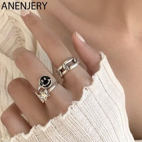 ANENJERY 925 Sterling Silver Star Smiling Face Ring for Women Men Lock Thai Silver Rings Retro Jewelry Gifts S-R970