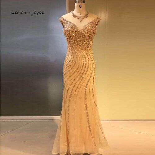 Lemon Joyce Champagne Mermaid Evening Dresses 2020 Cap Sleeves Floor Length with Beaded Elegant Formal Dresses Party Dress Gowns