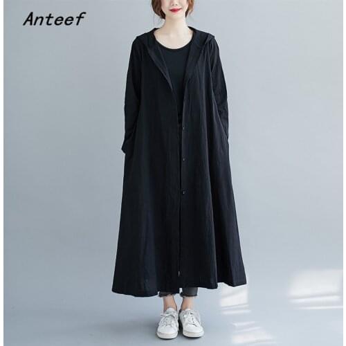 Anteef long sleeve cotton linen hooded vintage dresses for women casual loose spring autumn shirt dress elegant clothing 2021