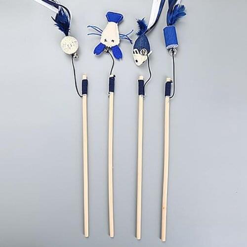 2PCS Wooden Cat Teaser Wand Cat Fish Shape Teaser Bell Paper Tube Mouse Faux Feather Cat Wand Cat Toy