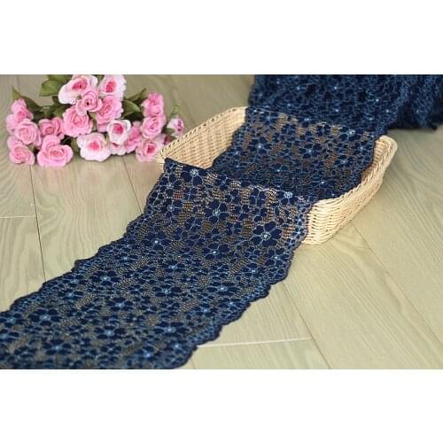 19cm wide 2 yds/lot,Dark blue Handmade Hair Decoration Wide Elastic Stretch Lace Trim wedding dress skirt lace trim