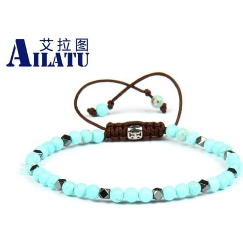 Ailatu Simple Friendship Bracelet Wholesale 4mm Natural White and Blue Howlite Stone Macrame Couples Bracelet Nice Gift
