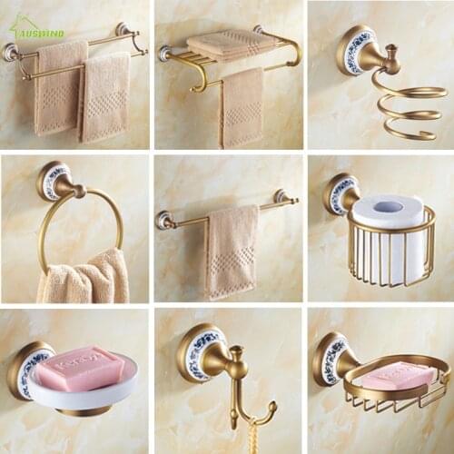 Antique Brass Brushed Bath Hardware Sets Porcelain Base Bronze Bathroom Accessory Sets Wall Mounted Bathroom Products ku1