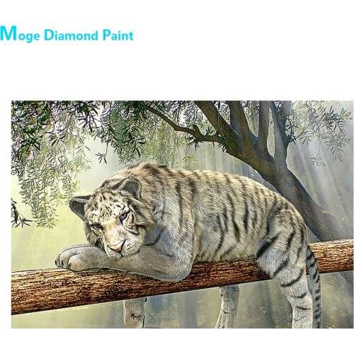 White Tiger Sleeping on Tree Trunk Diamond Painting Round Full Drill Animal Nouveaute DIY Mosaic Embroidery 5D Cross Stitch Gift