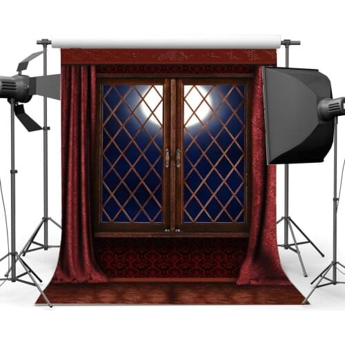 Vintage Curtain Backdrop Retro Wood Window Backdrops Shining Moon Night Damask Wallpaper Photography Background