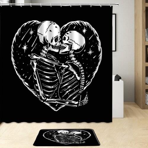 Halloween Skull Set Bathroom Shower Curtains Non-slip Bath Mats Black Love Heart Couple Patterned Waterproof Polyester Fabric